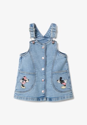 Jeans-Latzkleid in Hellblau mit verstellbaren Trägern, Knopfleiste vorne und zwei Taschen mit gestickten Mickey- und Minnie-Maus-Designs.