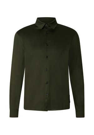 Ciemnozielona koszula na długi rękaw z klasycznym kołnierzykiem i czarnymi guzikami na całej długości z przodu.