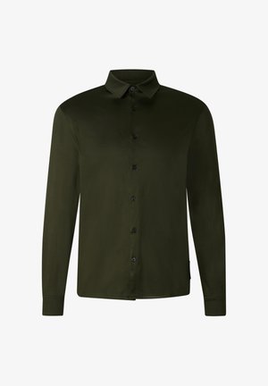 Ciemnozielona koszula na długi rękaw z klasycznym kołnierzykiem i czarnymi guzikami na całej długości z przodu.