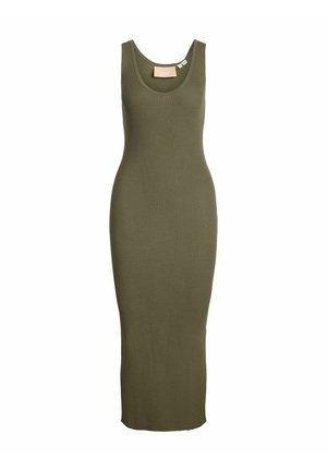 Vestido midi sin mangas de punto acanalado en color verde oliva con escote redondo y silueta ajustada.