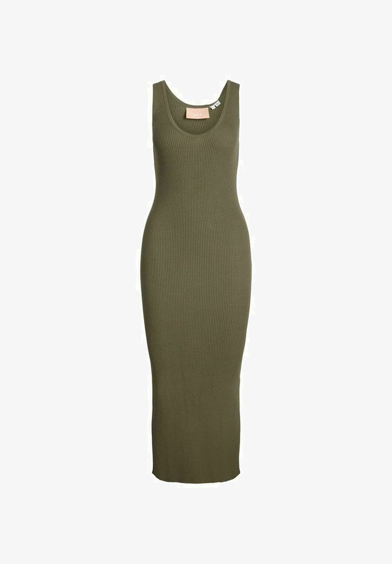 Robe midi sans manches en maille côtelée vert olive avec encolure dégagée et silhouette ajustée.