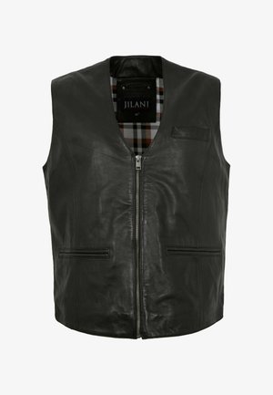 Schwarze Lederweste mit Frontreißverschluss und zwei horizontalen Taschen, mit kariertem Innenfutter und einer kleinen Brusttasche.