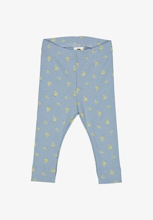 Blaue Leggings mit gerippter Textur, die ein durchgehendes Muster aus gelben Bananen aufweisen. Elastischer Bund und eng anliegende Beine.