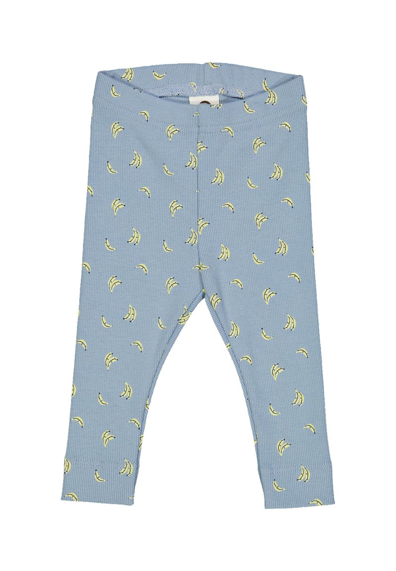 Modré legíny s ribovanou texturou, s celoplošným vzorem žlutých banánů. Elastický pas a přiléhavé nohavice.