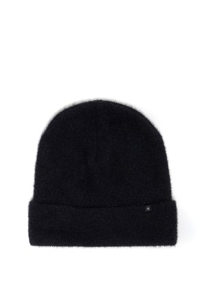 Mustast lõngast beanie, mis on valmistatud pehmest ja udusest materjalist, omab üles keeratavat äärt ning väikest dekoratiivset sildikest, millel on tähe aktsent.