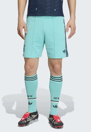 Person trägt hellblaue Fußballshorts und passende Socken mit schwarzen Stollenschuhen, steht vor einem einfarbigen Hintergrund.