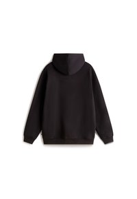 Sweat à capuche noir à manches longues, poignets et ceinture côtelés, montré de dos sur fond blanc.