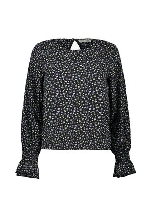 Zwarte blouse met een klein wit en paars bloemenpatroon, met een keyhole-halslijn, lange mouwen en ruches aan de manchetten. Zachte, lichte stof.