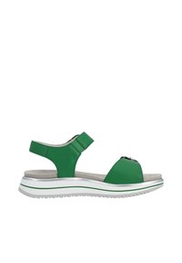 Grüne synthetische Sandale mit verstellbarem Riemen, offener Zehenpartie und gepolsterter Innensohle. Verfügt über einen Akzent in Silber und eine weiße Sohle mit grünen Streifen.