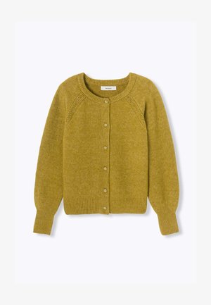 Cardigan jaune moutarde en tissu tricoté texturé. Il possède un col rond, une fermeture à boutons et des poignets et un ourlet côtelés.