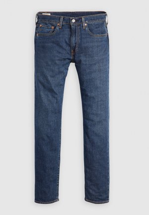 Jeans en denim bleu foncé avec une coupe droite. Comprennent des poches avant, une fermeture par bouton en métal et des surpiqûres jaunes contrastantes.