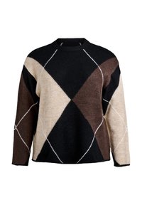 Sweter z dzianiny z diamentowym wzorem w kolorach czarnym, brązowym i beżowym, o teksturowanym wykończeniu i kontrastowym szwie wzdłuż szwów.