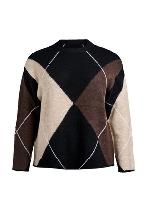 Pullover a maglia con un motivo a diamante in nero, marrone e beige, con una finitura testurizzata e cuciture a contrasto lungo le cuciture.