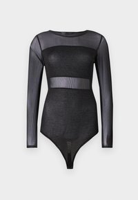 Body lungo trasparente nero con maniche lunghe, pannello opaco glitterato sul petto e sulla vita, taglio aderente, scollatura rotonda.