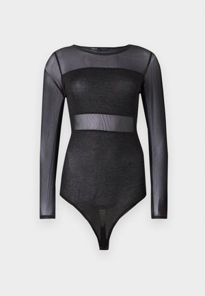 Black sheer long-sleeve bodysuit with opaque glittery panel across chest and waist, fitted style, round neckline.
