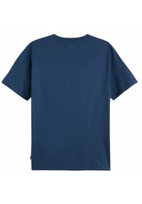 Camiseta de manga corta azul marino lisa con escote redondo, mostrada desde la parte posterior sobre un fondo blanco.