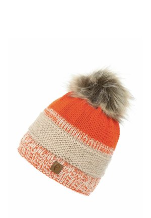 Knit beanie in orange and beige with a fur pom-pom on top. Features a textured pattern and a logo patch on the brim.