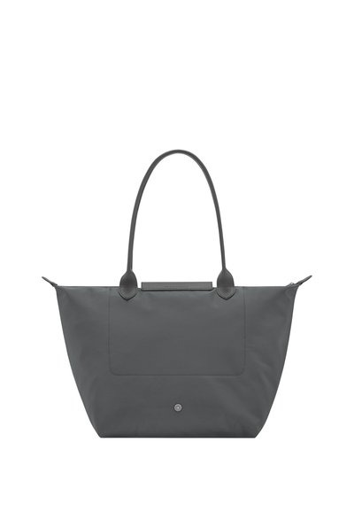 Gray tote bag with long handles, a front pocket, and a snap button closure at the bottom center on a white background.
