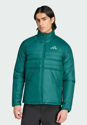 Person trägt eine grüne gesteppte Jacke mit Reißverschluss und einem Markenlogo auf der linken Brust, steht vor einem schlichten hellen Hintergrund.