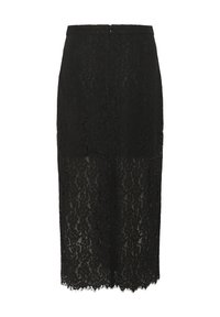 Schwarzer Spitzen-Bleistiftrock mit transparentem Design, kunstvollen Blumenmustern und gewelltem Saum. Verfügt über einen dezenten Reißverschluss hinten.