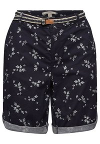 Námořnické šortky s bílým květinovým vzorem, s ohnutým lemem a pleteným opaskem se světle hnědou sponou. Vyrobeny z lehkého bavlněného materiálu.