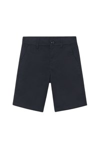 Pantaloni corti neri in cotone, con chiusura a bottone, passanti per cintura e due tasche frontali, progettati in stile a taglio dritto.