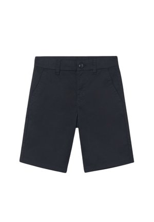 Pantaloni corti neri in cotone, con chiusura a bottone, passanti per cintura e due tasche frontali, progettati in stile a taglio dritto.