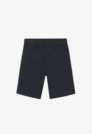 Pantaloni corti neri in cotone, con chiusura a bottone, passanti per cintura e due tasche frontali, progettati in stile a taglio dritto.