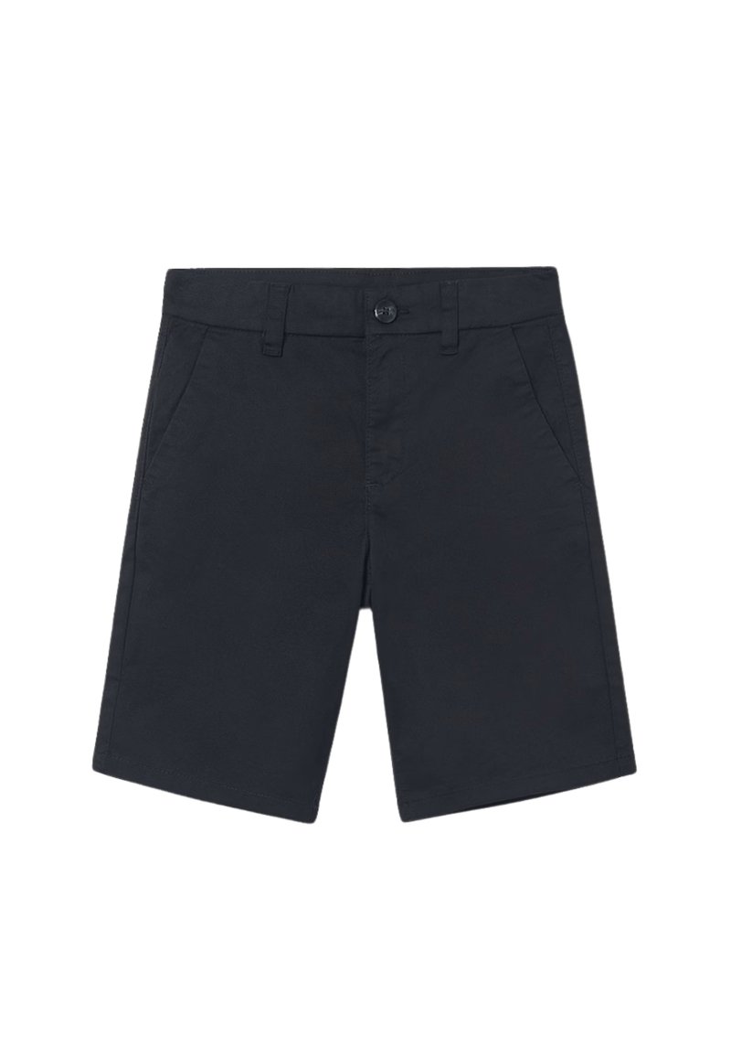 Pantaloni corti neri in cotone, con chiusura a bottone, passanti per cintura e due tasche frontali, progettati in stile a taglio dritto.