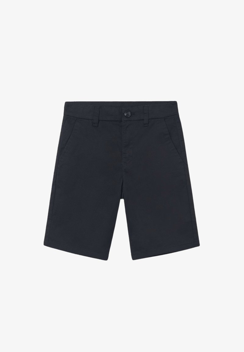 Pantaloni corti neri in cotone, con chiusura a bottone, passanti per cintura e due tasche frontali, progettati in stile a taglio dritto.