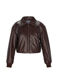 Bruine leren cropped jacket met een kraag, rits aan de voorkant en geribbelde manchetten. Gladde textuur met minimale hardware en een eenvoudig ontwerp.