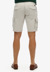 Grå cargo shorts med flere lommer, en afslappet pasform og et blødt, let materiale. Designet har en glat overflade og syede detaljer.