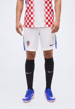 Mladić odjeven u hrvatski nogometni dres s crveno-bijelom kockastom majicom, bijelim šorcama, crnim čarapama i plavim kopačkama.