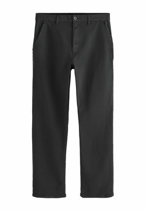 Pantalon noir à jambes droites avec poches avant, passants pour ceinture, fermeture par bouton et braguette zippée, fabriqué en tissu lisse.
