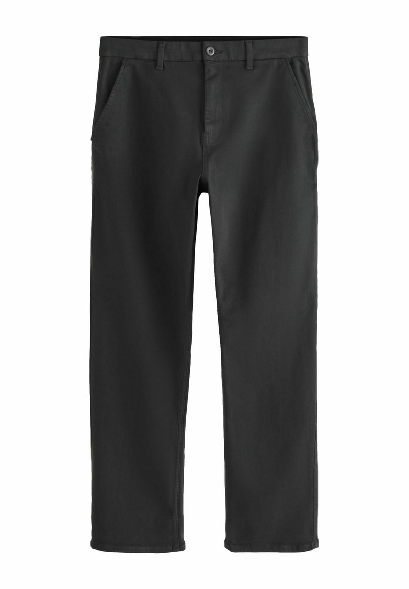 Pantalon noir à jambes droites avec poches avant, passants pour ceinture, fermeture par bouton et braguette zippée, fabriqué en tissu lisse.