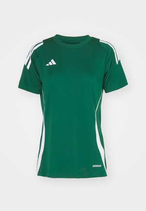 Grønn treningstrøye laget av fukttransporterende materiale, med hvite sidestreker, rund hals, og Adidas-logoen på øvre venstre.