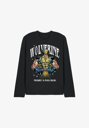 Black long-sleeve shirt with Wolverine wrapped in colorful Christmas lights, text reads "WOLVERINE" and "MERRY X-MAS BUB!"