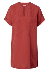 Roestkleurige linnen tuniek met korte mouwen, een V-halslijn, borduursels van bloemenpatronen en zijsplitten voor gemakkelijk bewegen.