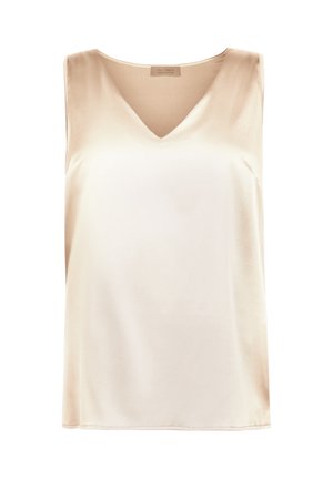 Ærmeløs beige satinbluse med V-hals og glat tekstur, mærket Falconeri Alta Collection.