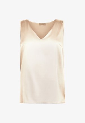 Beżowa satynowa bluzka bez rękawów z dekoltem w kształcie litery V i gładką fakturą, oznaczona jako Falconeri Alta Collection.