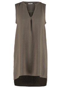 Robe tunique sans manches vert olive avec un col en V et une coupe ample et fluide, avec un ourlet arrière légèrement plus long.