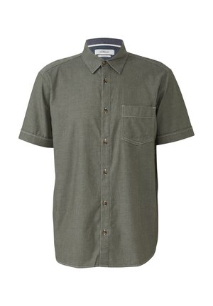 Short-sleeve, button-up shirt in dark green fabric. Features a pointed collar, one chest pocket, and contrasting light stitching.