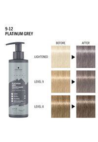 Maske in Platingrau in einer grauen Flasche mit Pumpverschluss. Farbtabelle zeigt aufgehelltes Haar auf Niveau 8 und 9, das in Grautöne übergeht.