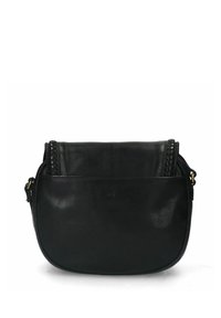 Zwarte leren crossbody tas met een gladde textuur, gevlochten accenten op de klep en een goudkleurige hardware sluiting. Compacte ovale vorm.