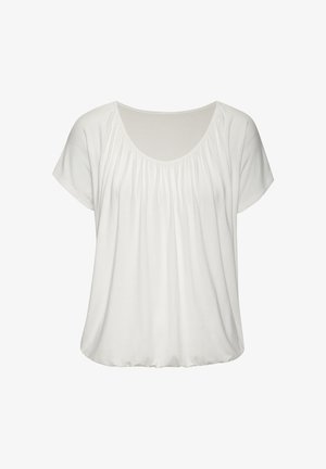 White short-sleeve blouse with a scoop neckline and gathered detailing at the front. Made from soft, lightweight fabric. Relaxed fit.