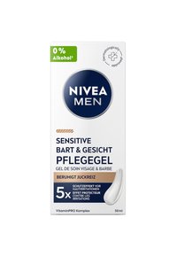 NIVEA MEN Sensitive Pflegelotion, 50 ml, in weißer und marineblauer Verpackung. Mit deutlicher Markenkennzeichnung, Textdetails und einer gebogenen Dosierdüse.