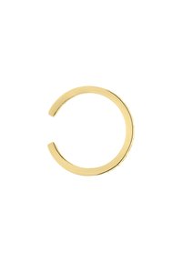 Goldfarbener Armreif mit einer glatten, polierten Oberfläche, offenem Design und einfacher geschwungener Form. Hat einen Durchmesser von etwa 8 cm.
