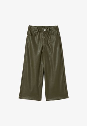 Grüne Kunstleder-Hosen mit weitem Bein und glänzender, strukturierter Oberfläche, ausgestattet mit einem Knopfverschluss und vier Taschen.