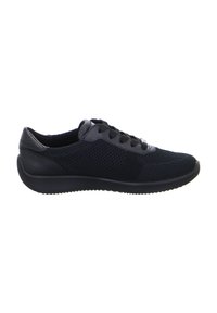 Black athletic shoes featuring a textured mesh upper, smooth leather accents, rounded toe, lace-up closure, and cushioned sole.