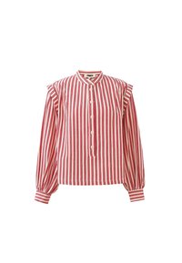 Rood-witte gestreepte blouse met een ronde hals, knoopsluiting en gerimpelde schouderaccenten. Gemaakt van lichte stof met luchtige mouwen.